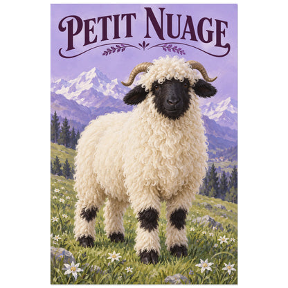 Affiche Mouton du Valais – Petit nuage, peinture réaliste / affiche illustrée verticale, format 30 × 45 cm