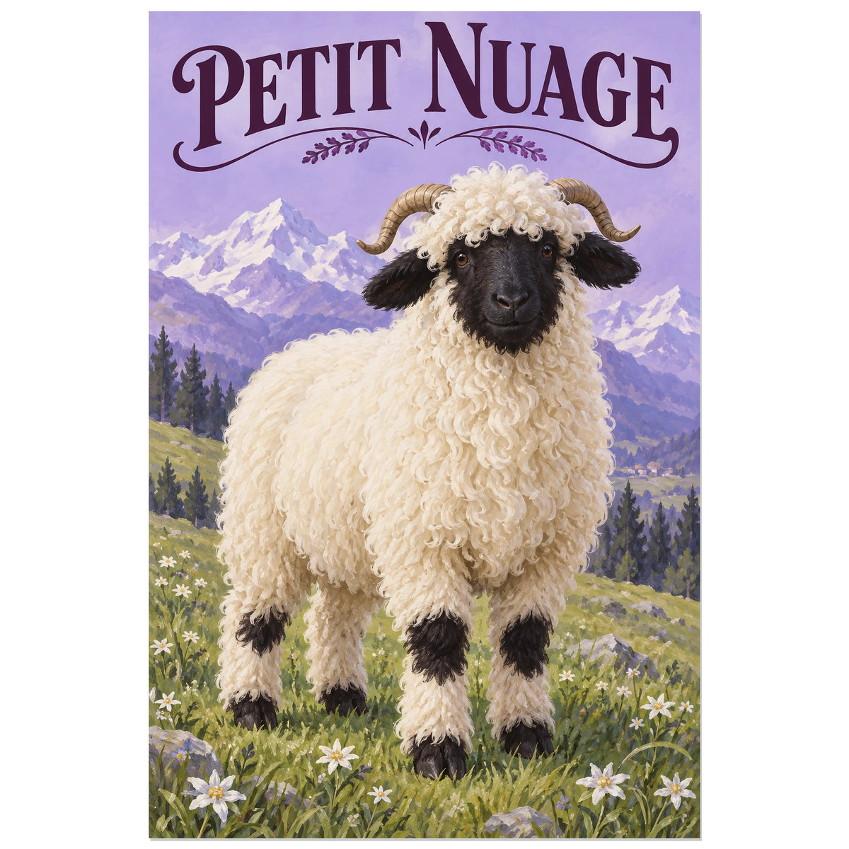 Affiche Mouton du Valais – Petit nuage, peinture réaliste / affiche illustrée verticale, format 40 × 60 cm