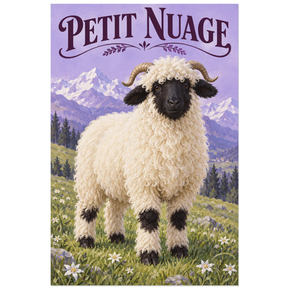 Affiche Mouton du Valais – Petit nuage, peinture réaliste / affiche illustrée verticale, format 40 × 60 cm