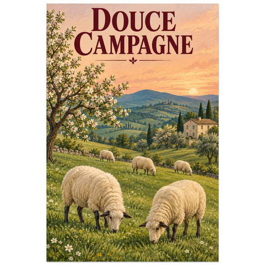 Affiche Moutons – Douce campagne, affiche vintage / paysage peint verticale, format 30 × 45 cm