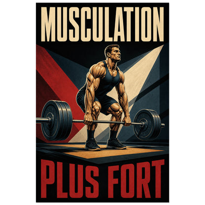 Barre chargée et grands disques devant un fond géométrique, affiche 40 × 60 cm