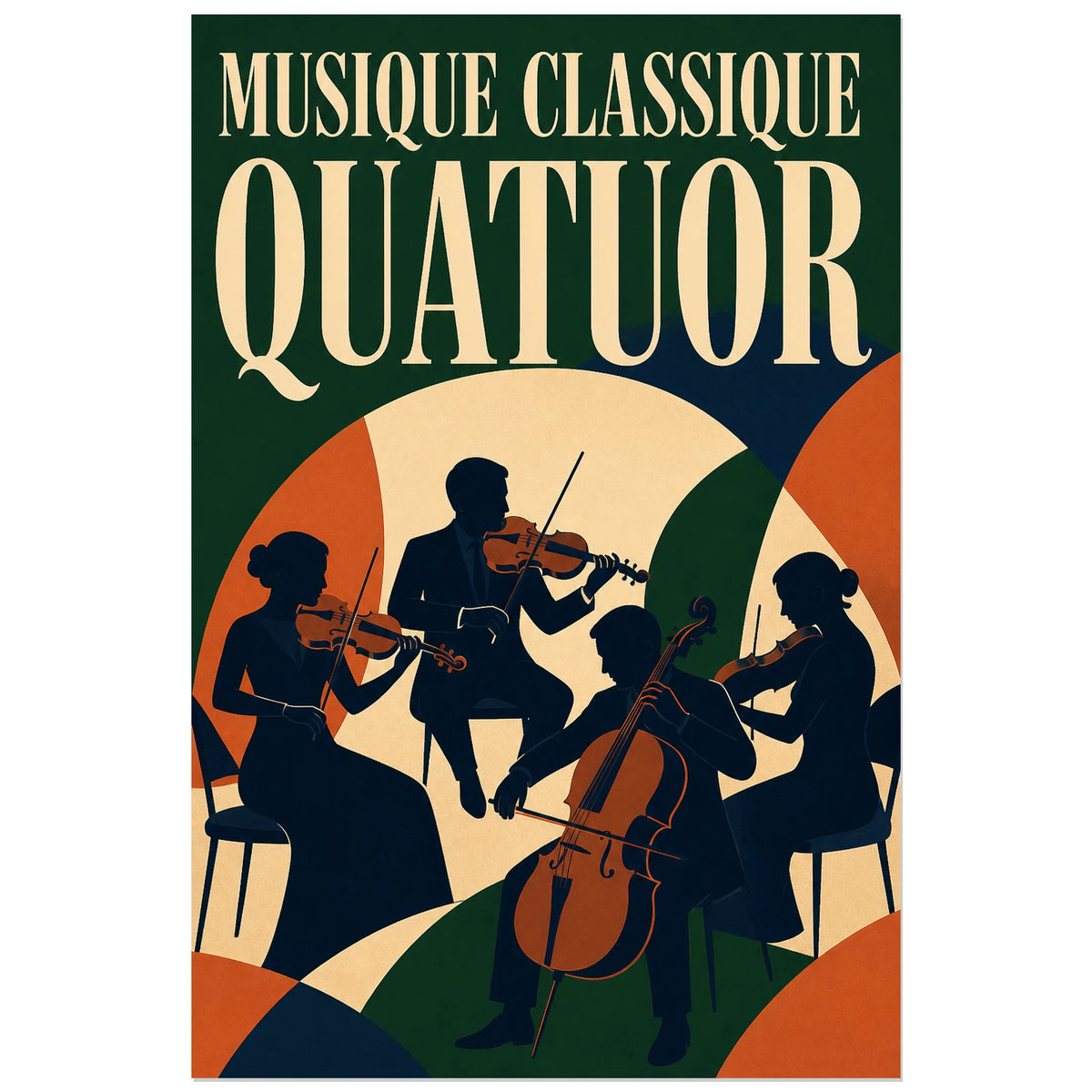 Affiche Musique classique - Quatuor, illustration moderniste de quatuor a cordes verticale, format 30 × 45 cm