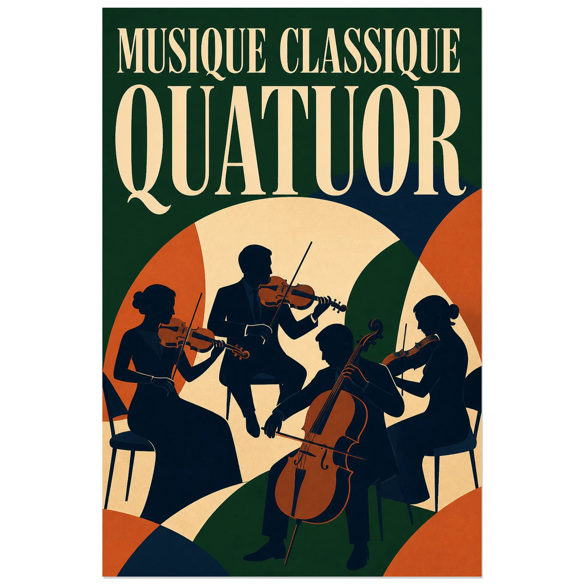 Affiche Musique classique - Quatuor, illustration moderniste de quatuor a cordes verticale, format 40 × 60 cm