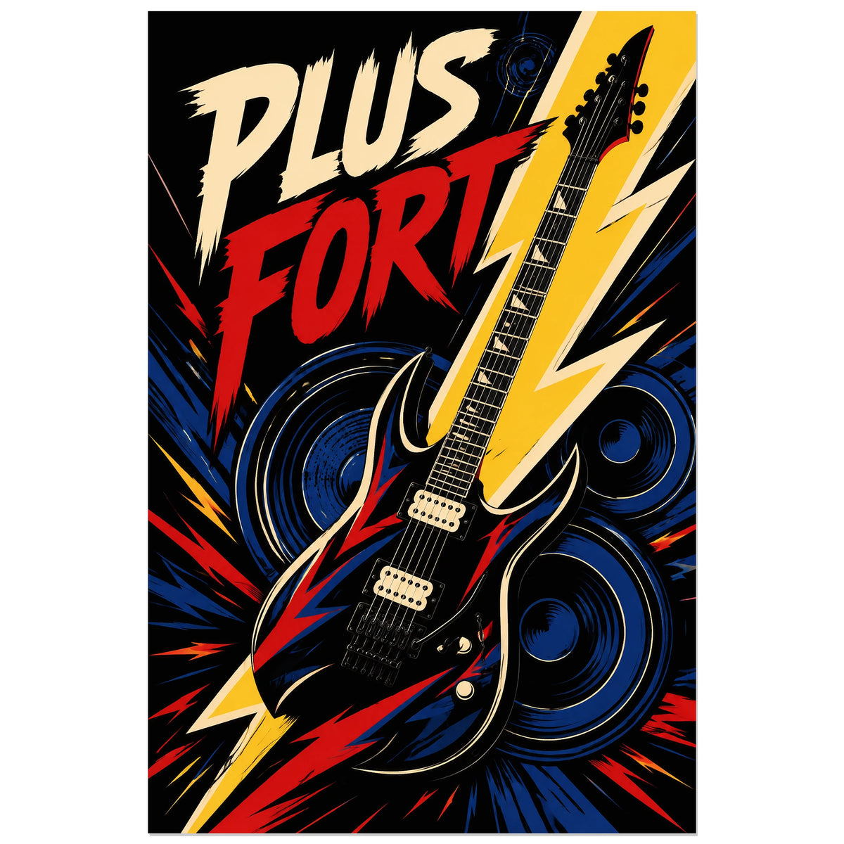 Guitare noire et éclairs jaunes, affiche 30 × 45 cm
