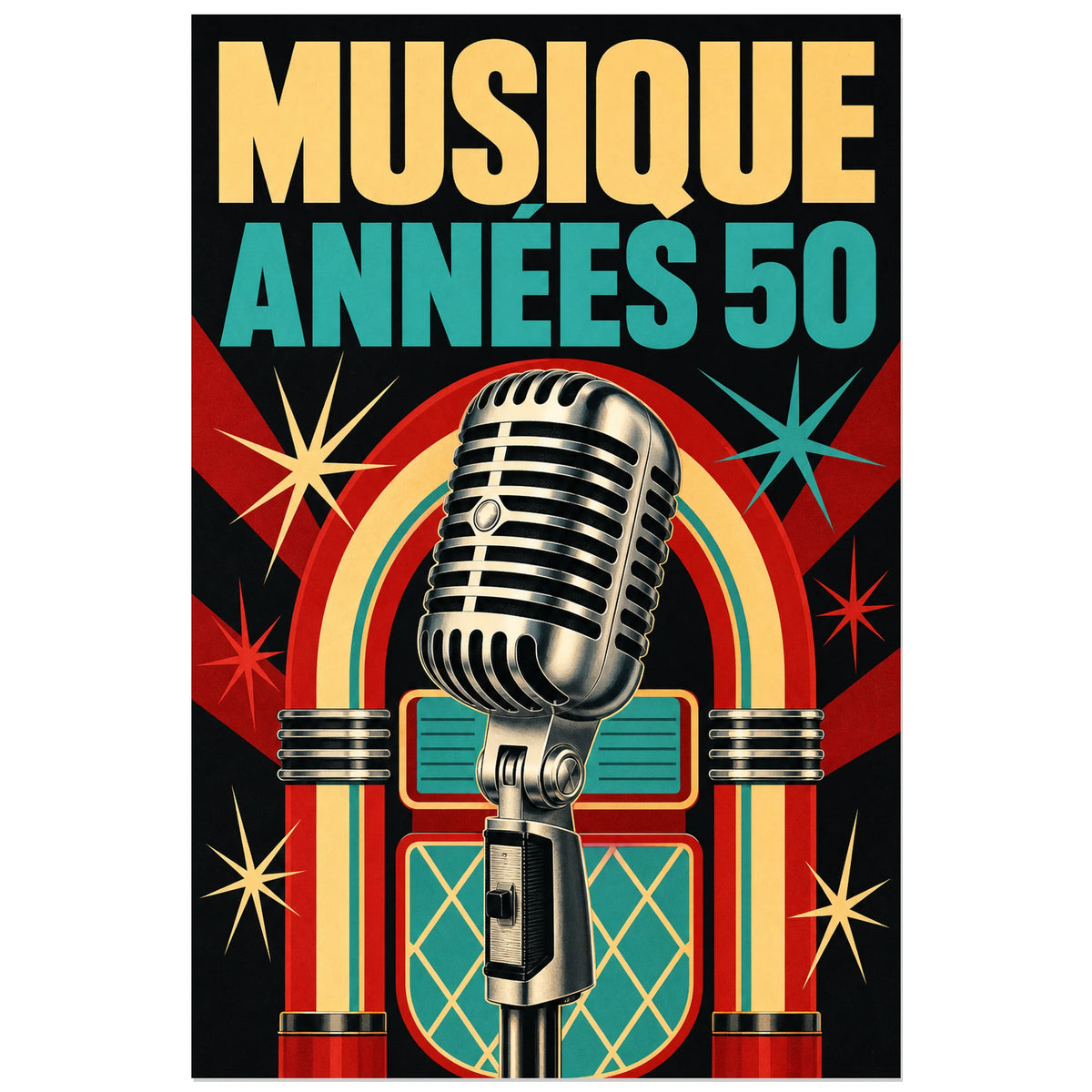 Affiche Musique vintage - Annees 50, affiche publicitaire retro des annees 1950 verticale, format 60 × 90 cm
