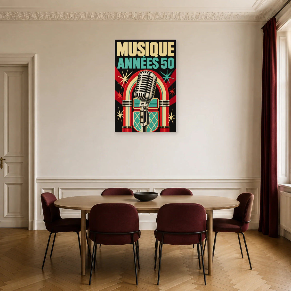 Affiche Musique vintage - Annees 50 dans une salle à manger - Art Virtuoso