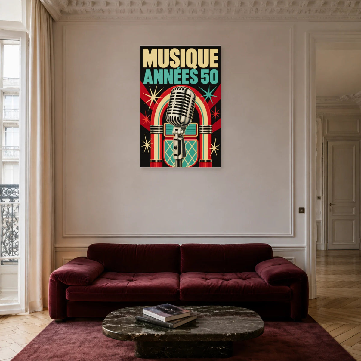 Affiche Musique vintage - Annees 50 dans un salon - Art Virtuoso