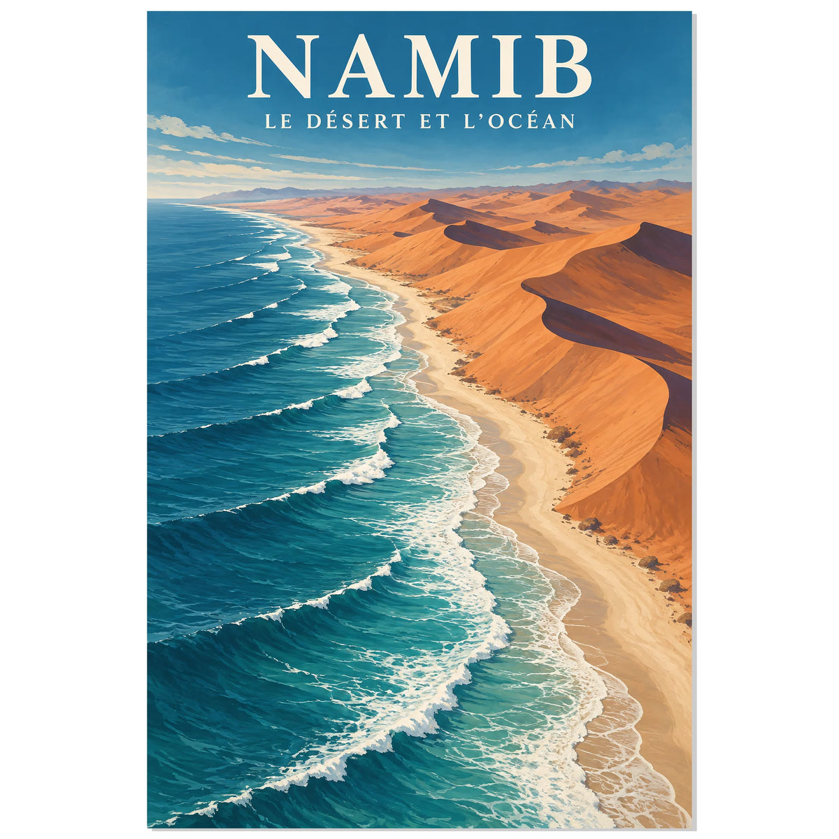 Affiche Namib – Là où le désert rencontre l'océan, illustration de voyage / gouache paysagère / inspiration vintage verticale, format 60 × 90 cm