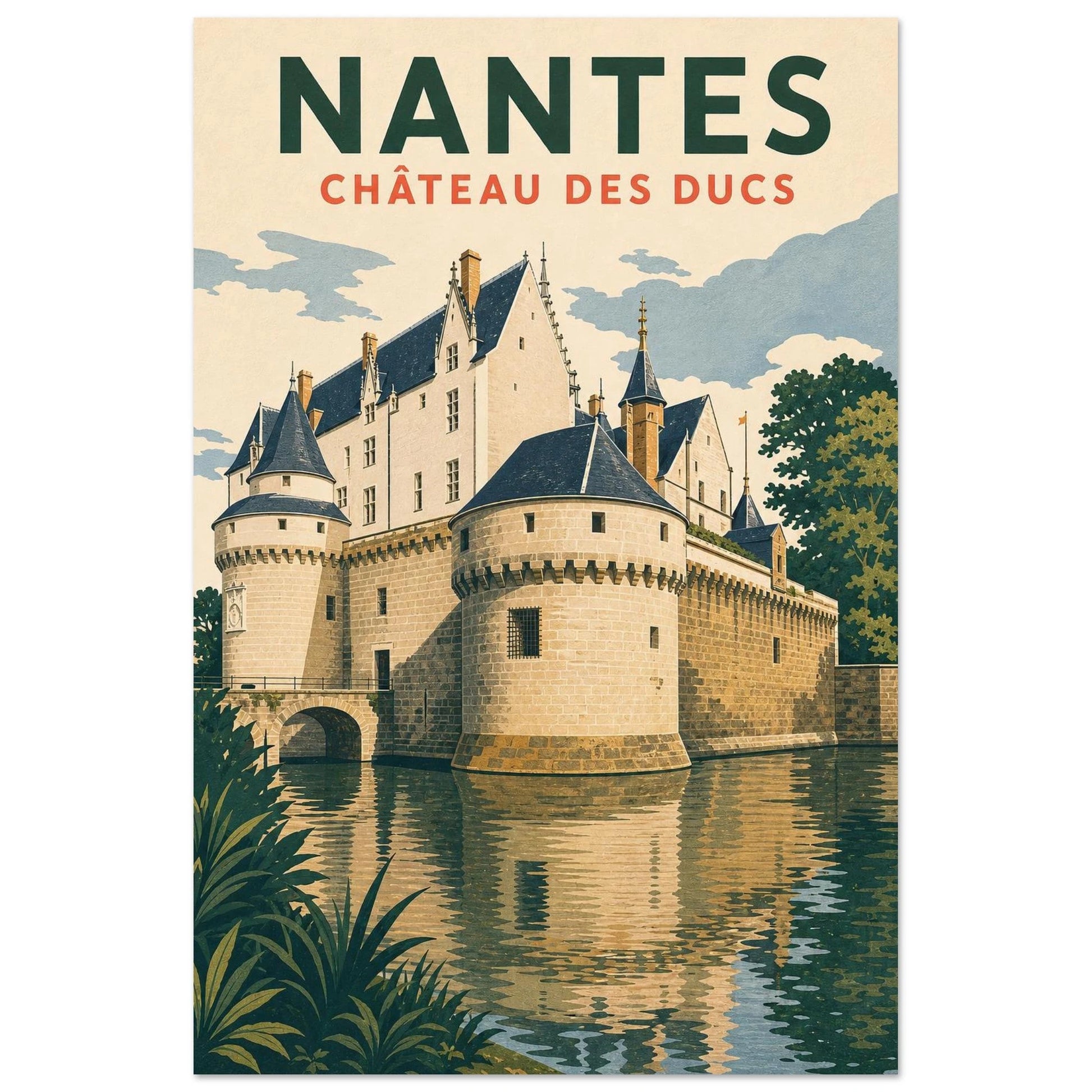 Affiche Nantes – Château des Ducs, illustration verticale linogravure graphique, format 30 × 45 cm