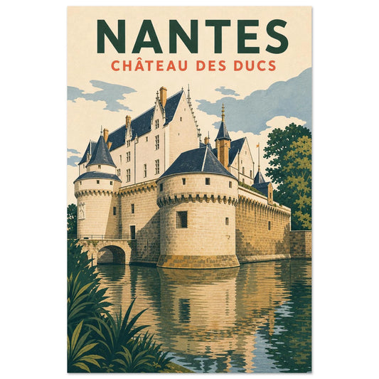 Affiche Nantes – Château des Ducs, illustration verticale linogravure graphique, format 30 × 45 cm