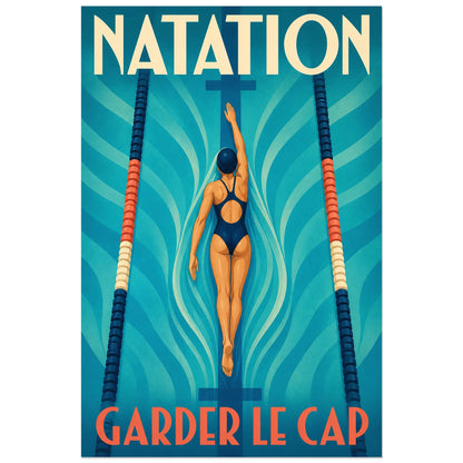 Couloir de piscine illustré en bleu avec nageuse centrale, affiche 60 × 90 cm