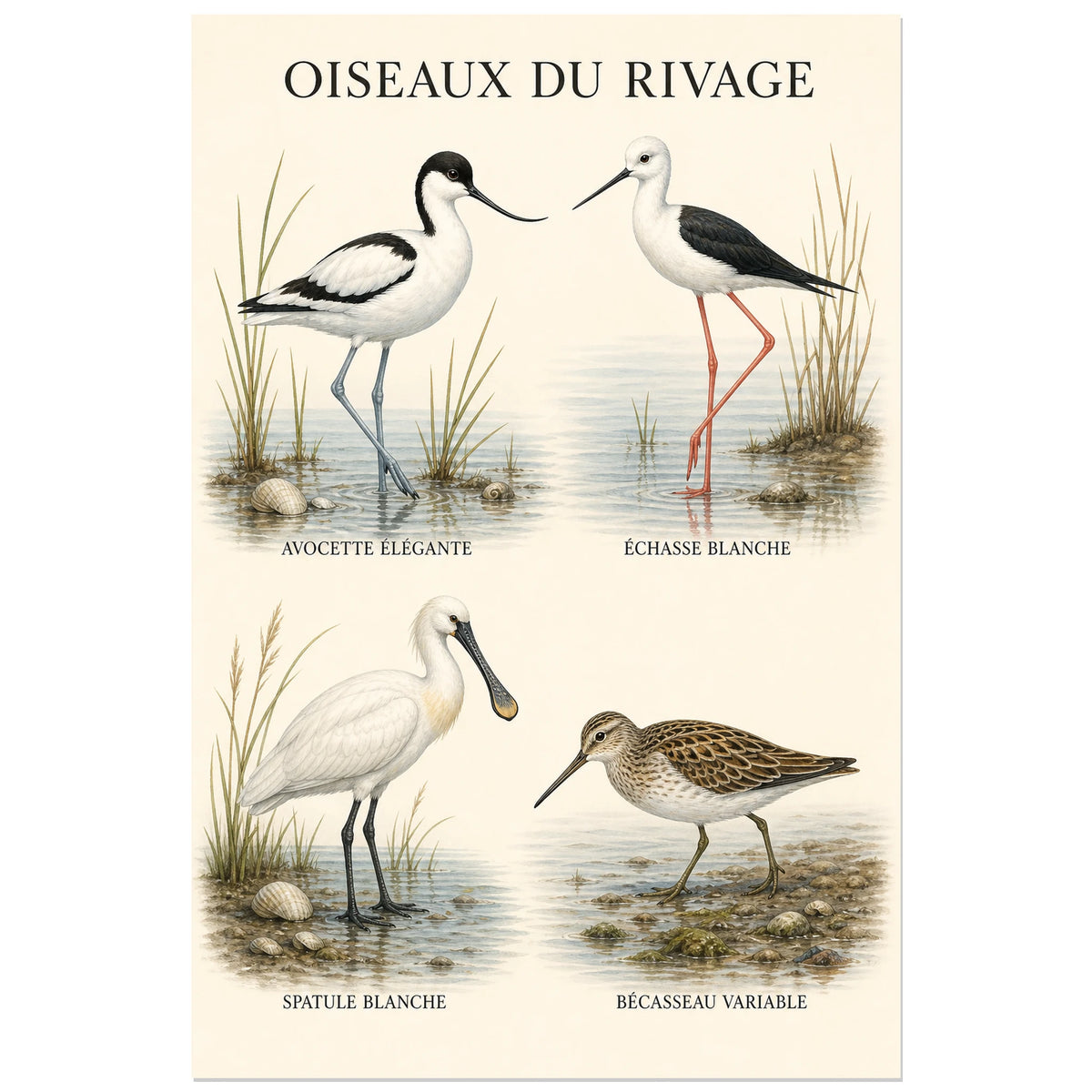 Affiche Oiseaux du rivage - Étude naturaliste, étude ornithologique épurée en gouache et dessin naturaliste verticale, format 30 × 45 cm