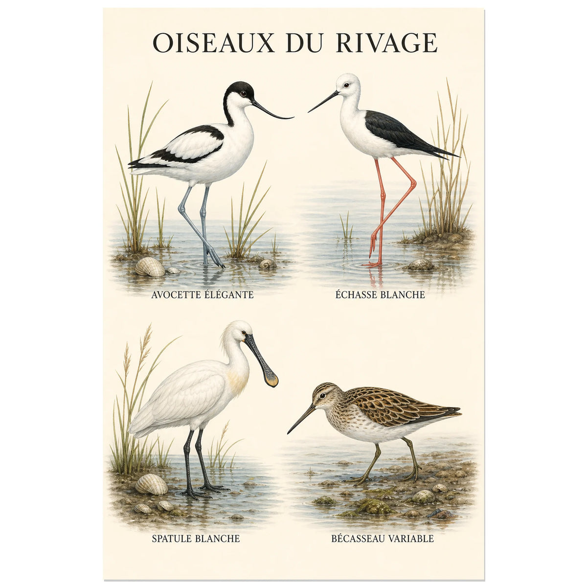 Affiche Oiseaux du rivage - Étude naturaliste, étude ornithologique épurée en gouache et dessin naturaliste verticale, format 60 × 90 cm