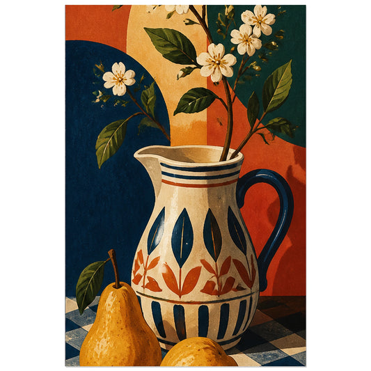 Pichet et poires sur une nappe à carreaux, affiche 30 × 45 cm