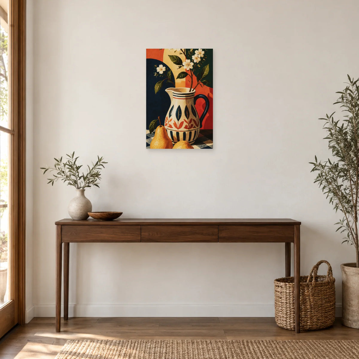 Affiche Nature morte bohème au pichet et aux poires dans une entrée ou un couloir - Art Virtuoso