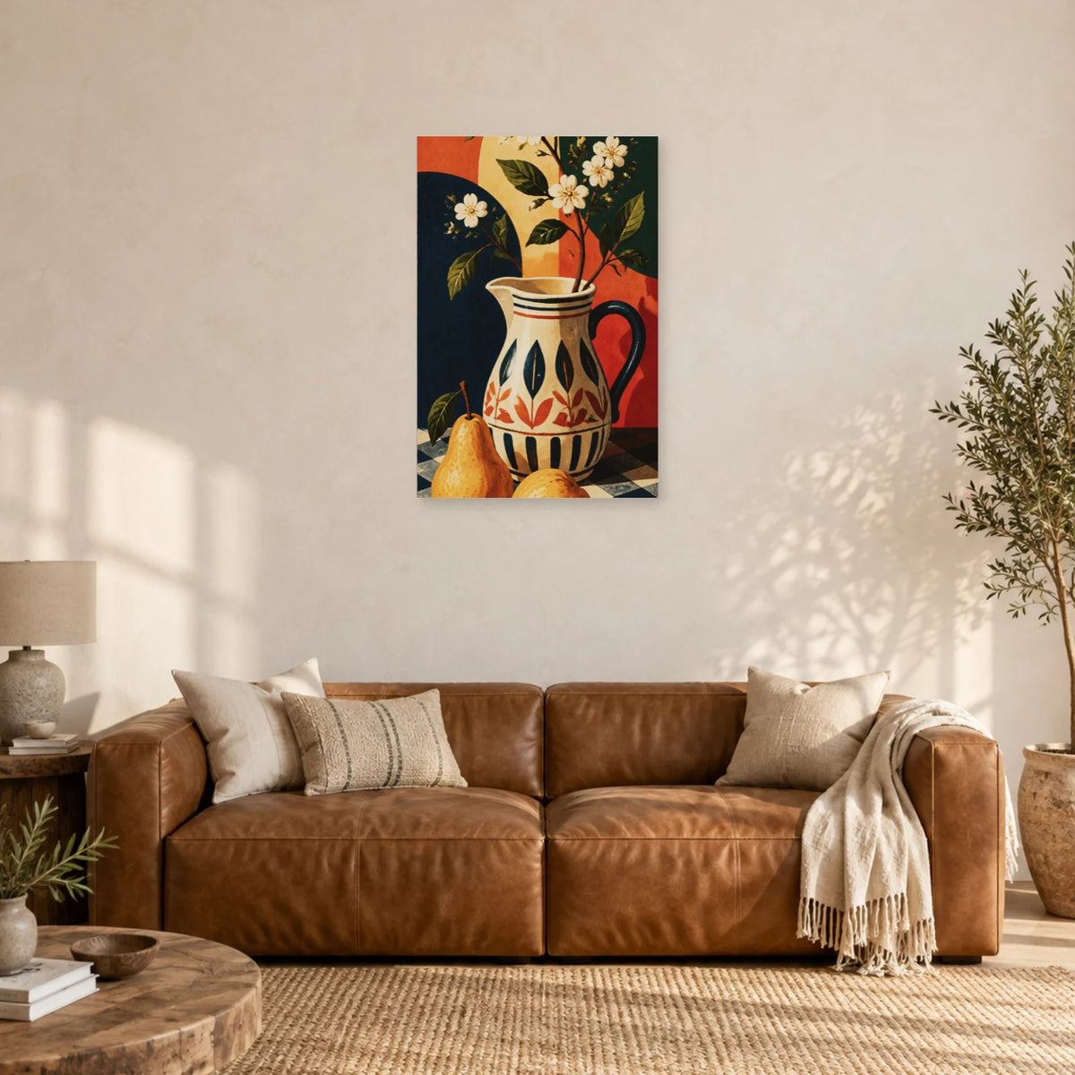 Affiche Nature morte bohème au pichet et aux poires dans un salon - Art Virtuoso