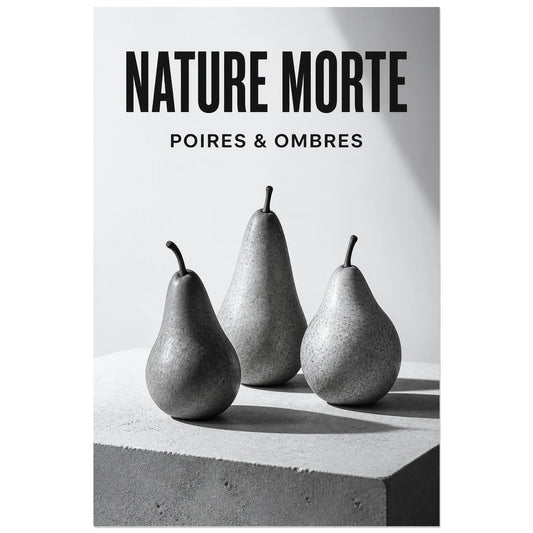 Affiche Nature Morte – Poires & Ombres, photographie de nature morte contemporaine verticale, format 30 × 45 cm