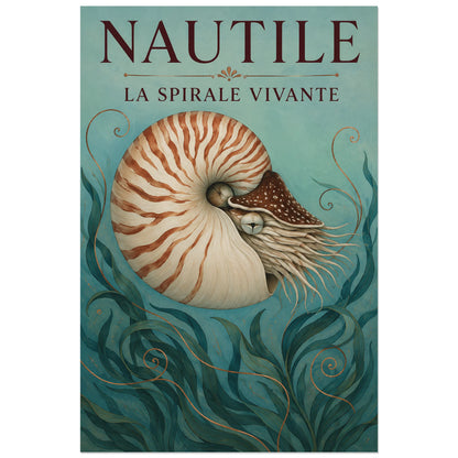 Affiche Nautile – La spirale vivante, planche naturaliste / art nouveau verticale, format 60 × 90 cm