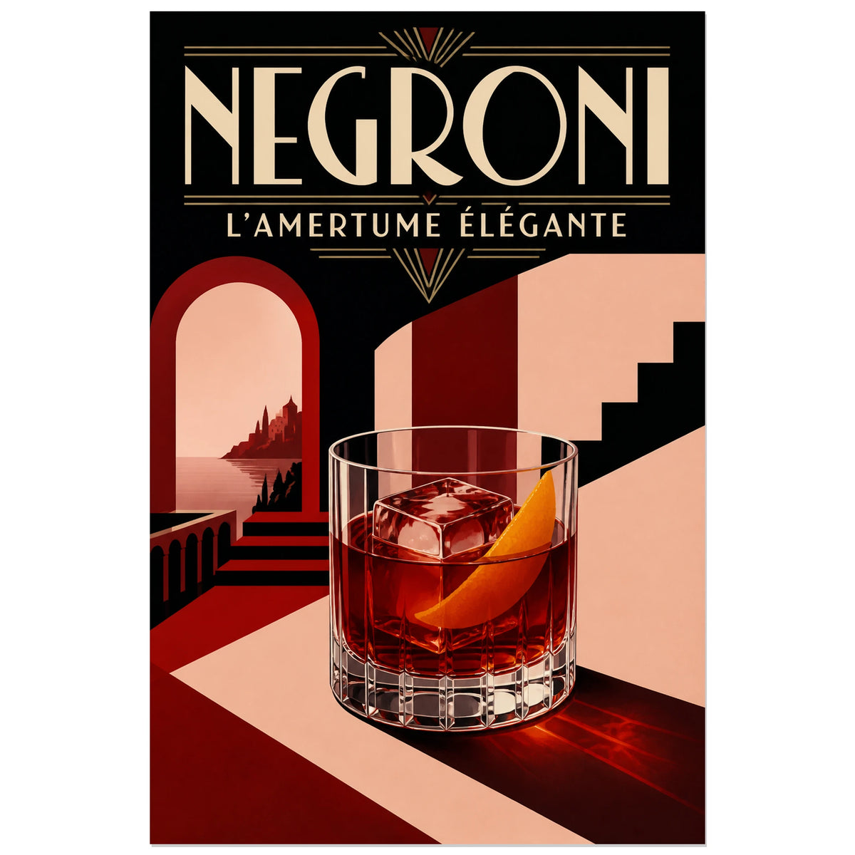 Affiche Negroni, l'amertume élégante, illustration de cocktail art déco aux volumes architecturaux épurés verticale, format 30 × 45 cm