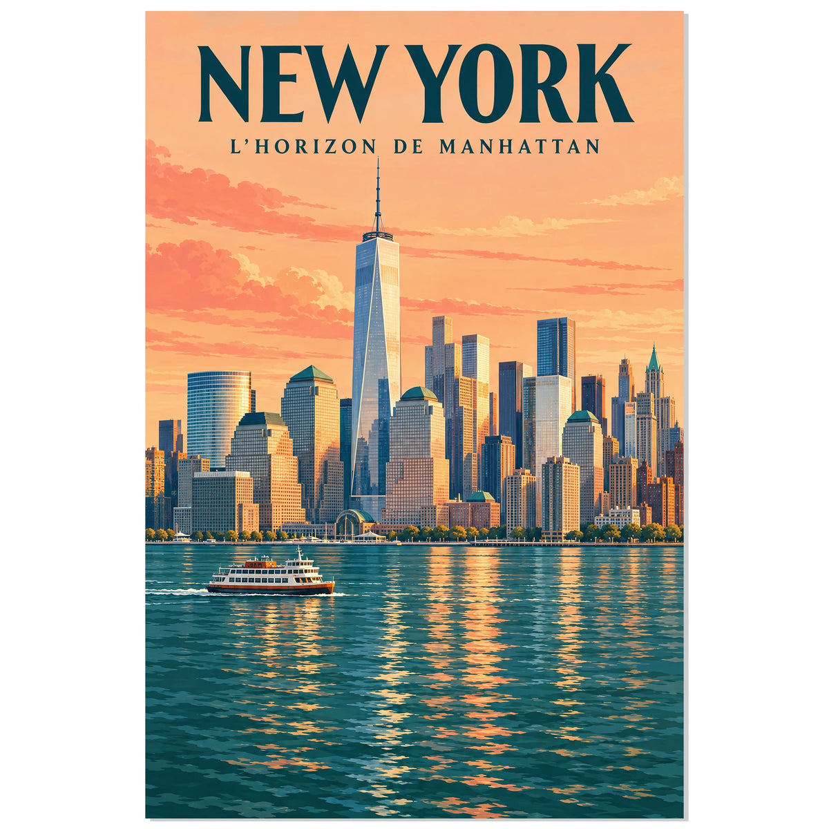 Affiche New York – Skyline sur la baie, illustration architecturale / affiche de voyage / rendu peint verticale, format 40 × 60 cm