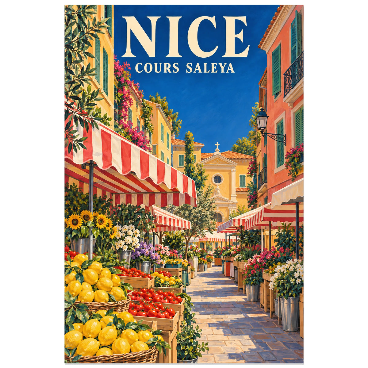 Affiche Nice - Le marché du Cours Saleya, illustration peinte / affiche de voyage rétro verticale, format 30 × 45 cm