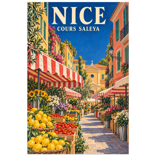 Affiche Nice - Le marché du Cours Saleya, illustration peinte / affiche de voyage rétro verticale, format 30 × 45 cm