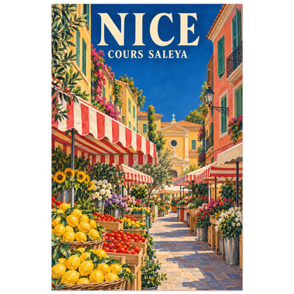 Affiche Nice - Le marché du Cours Saleya, illustration peinte / affiche de voyage rétro verticale, format 60 × 90 cm