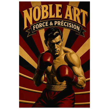 Affiche Noble Art – Force & Précision, affiche de boxe ancienne au lettrage théâtral inspiré des programmes de combat verticale, format 60 × 90 cm