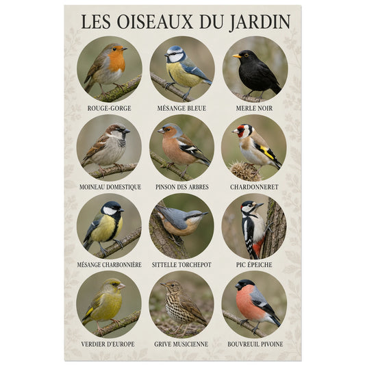 Affiche Les oiseaux du jardin - Portraits identifiés, planche photographique contemporaine d’identification ornithologique verticale, format 30 × 45 cm