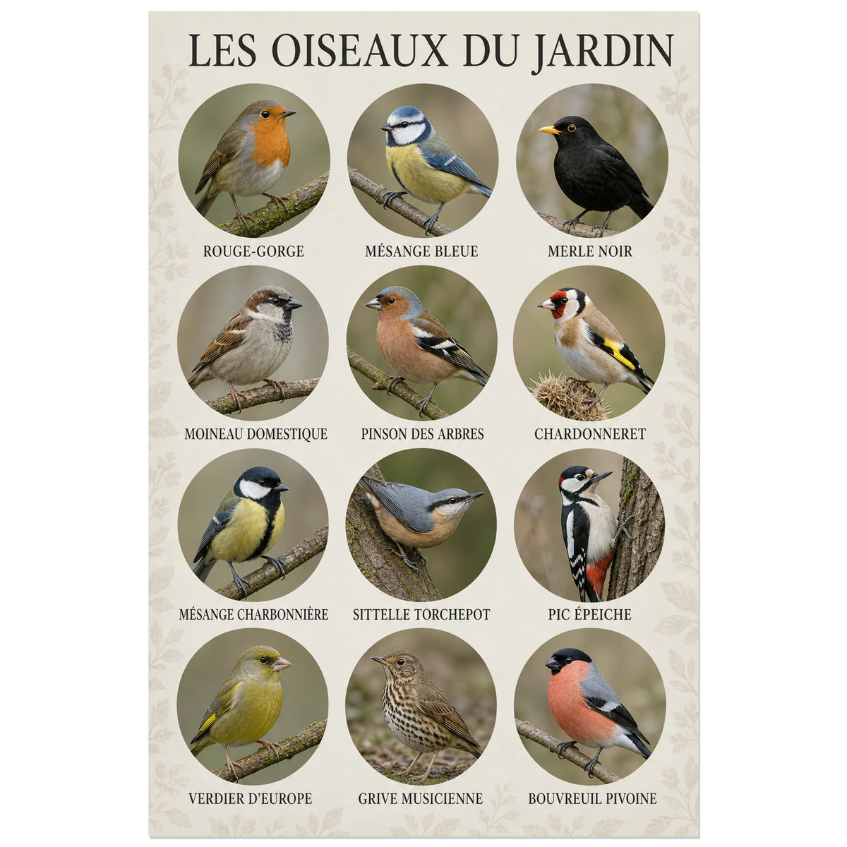Affiche Les oiseaux du jardin - Portraits identifiés, planche photographique contemporaine d’identification ornithologique verticale, format 60 × 90 cm
