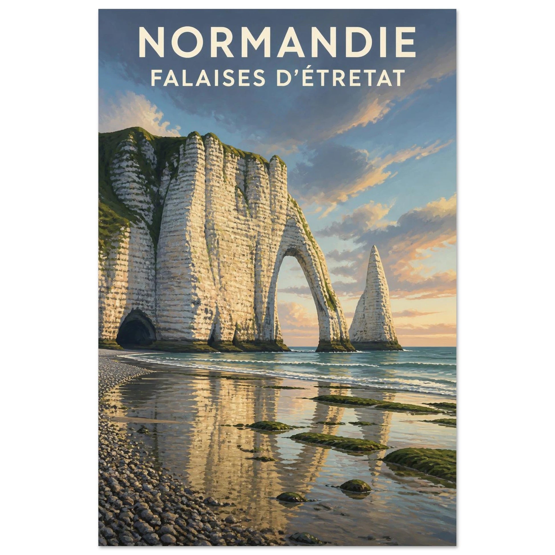 Affiche Normandie – Falaises d’Étretat, lithographie contemporaine verticale, format 30 × 45 cm