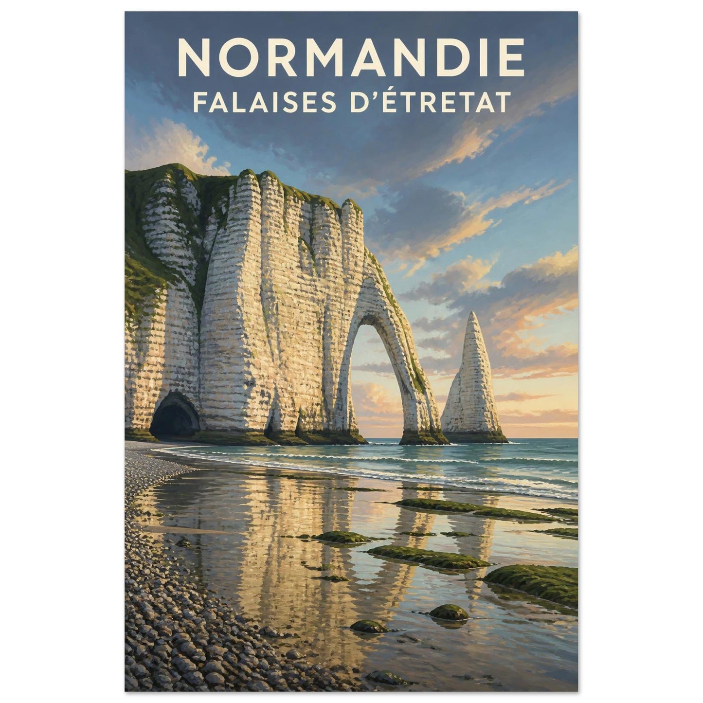 Affiche Normandie – Falaises d’Étretat, lithographie contemporaine verticale, format 60 × 90 cm