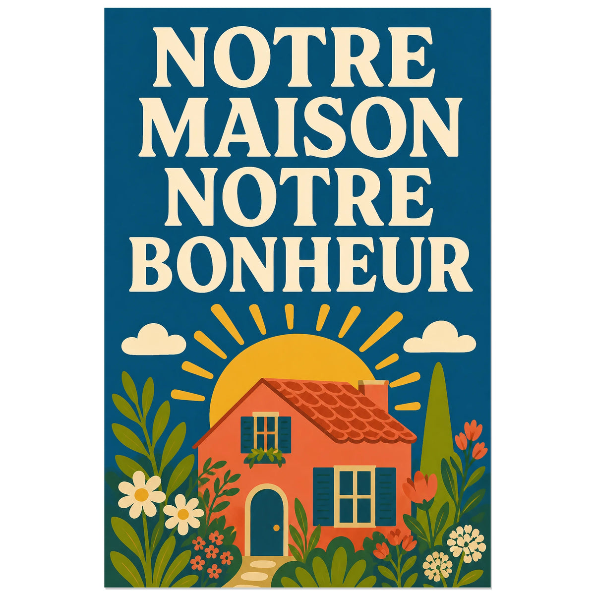 Affiche Notre maison notre bonheur – Jardin solaire, illustration folk moderne verticale, format 30 × 45 cm