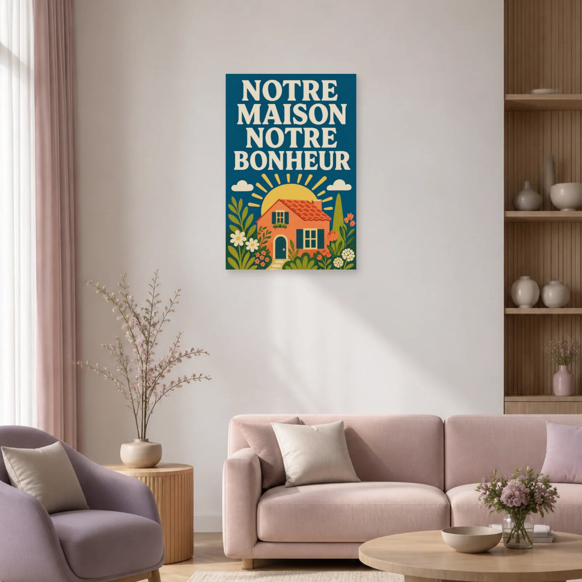Affiche Notre maison notre bonheur – Jardin solaire dans un salon - Art Virtuoso