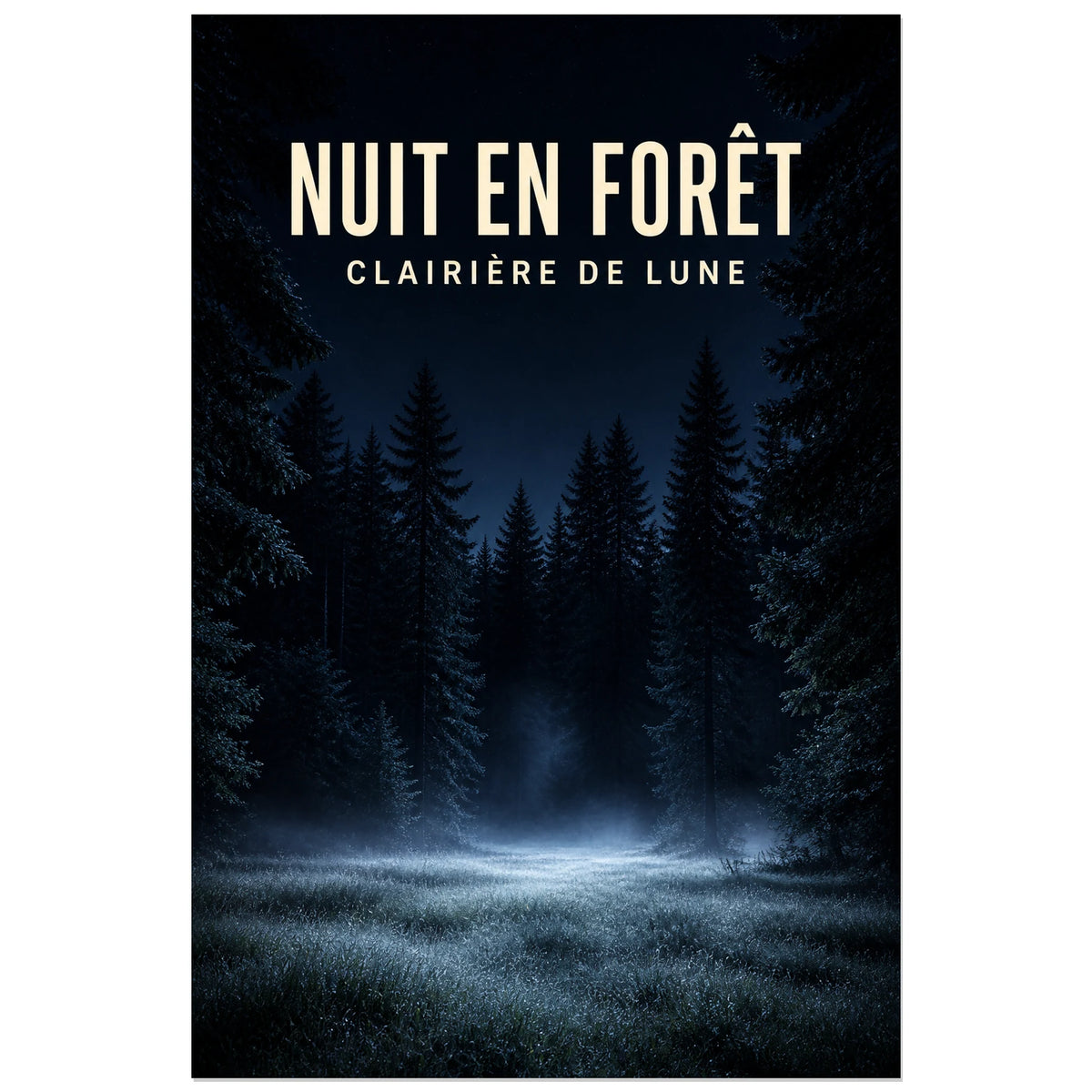 Affiche Nuit en forêt – Clairière de lune, photographie nocturne forestière réaliste et cinématographique verticale, format 30 × 45 cm