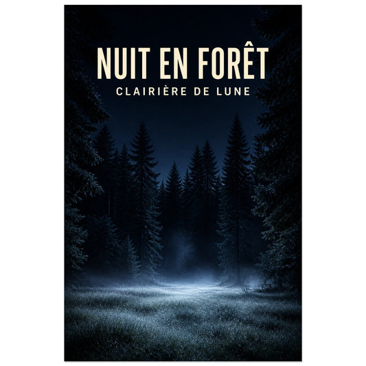 Affiche Nuit en forêt – Clairière de lune, photographie nocturne forestière réaliste et cinématographique verticale, format 30 × 45 cm