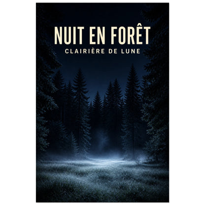Affiche Nuit en forêt – Clairière de lune, photographie nocturne forestière réaliste et cinématographique verticale, format 40 × 60 cm