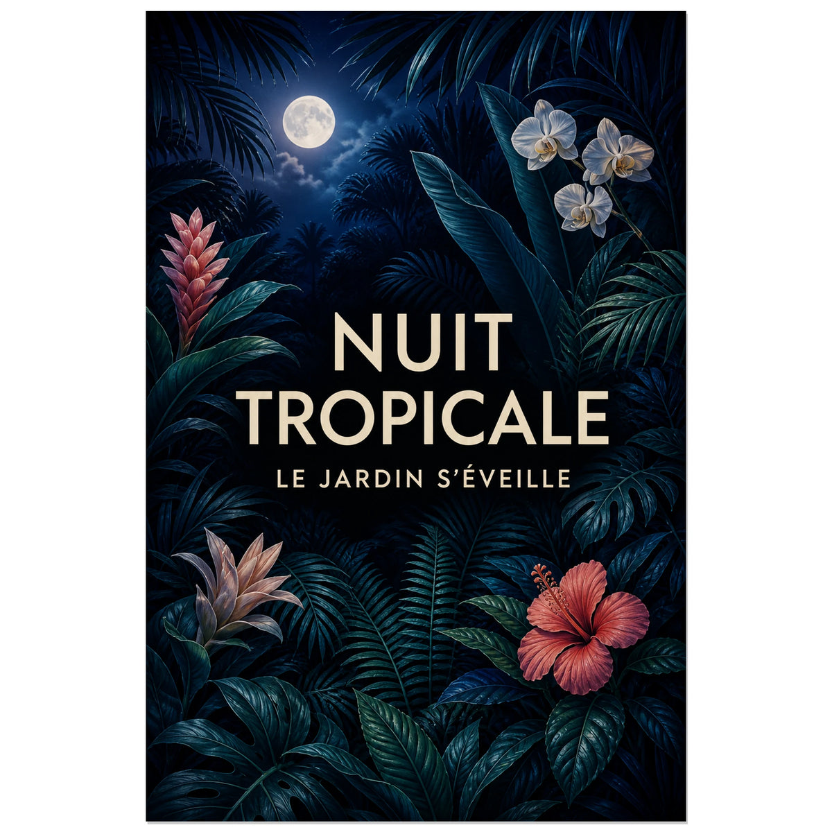 Affiche Nuit tropicale – Le jardin s’éveille, illustration botanique nocturne en réalisme pictural détaillé verticale, format 30 × 45 cm