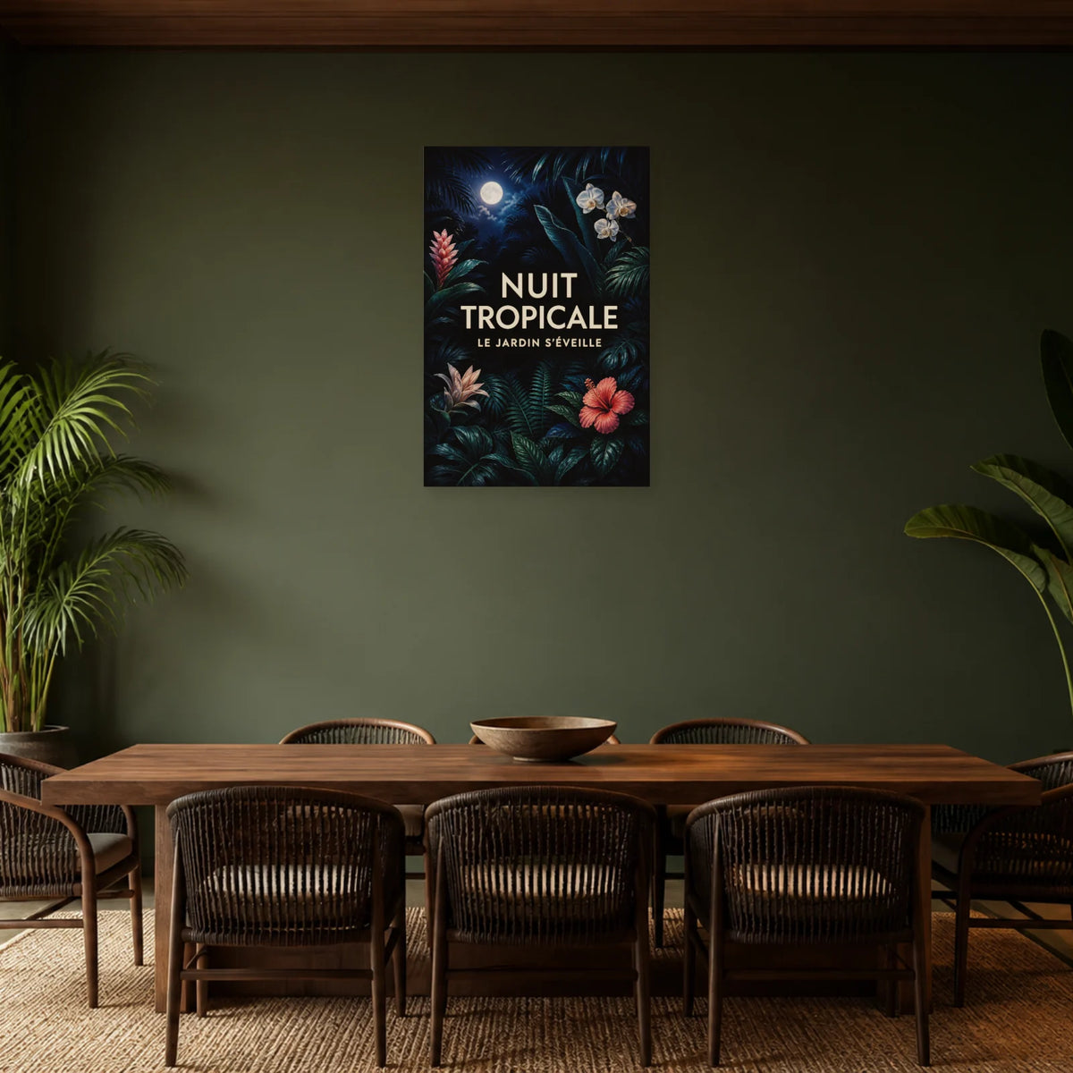 Affiche Nuit tropicale – Jardin luxuriant dans une salle à manger - Art Virtuoso