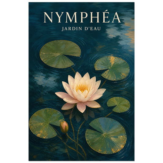 Affiche Nymphéa – Jardin d'Eau, gouache botanique contemporaine verticale, format 30 × 45 cm