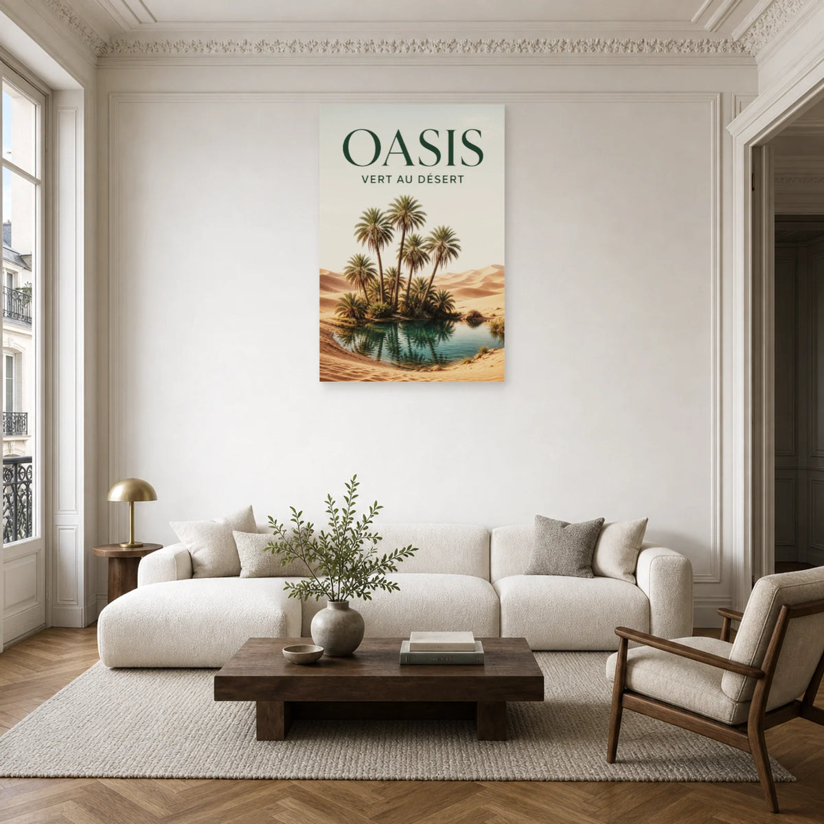 Affiche Oasis - Vert au désert dans un salon - Art Virtuoso