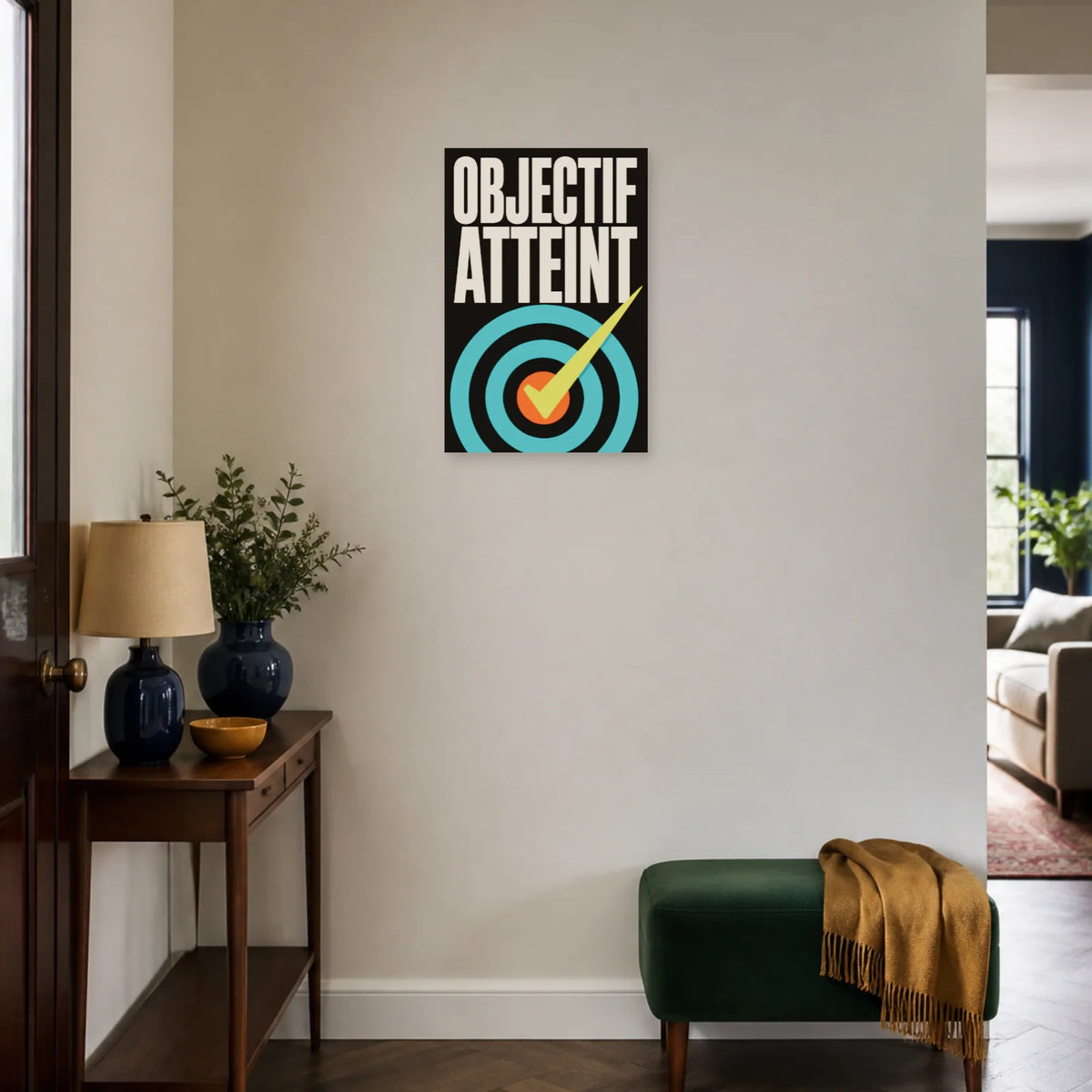Affiche Objectif atteint – Cible cochée dans une entrée ou un couloir - Art Virtuoso