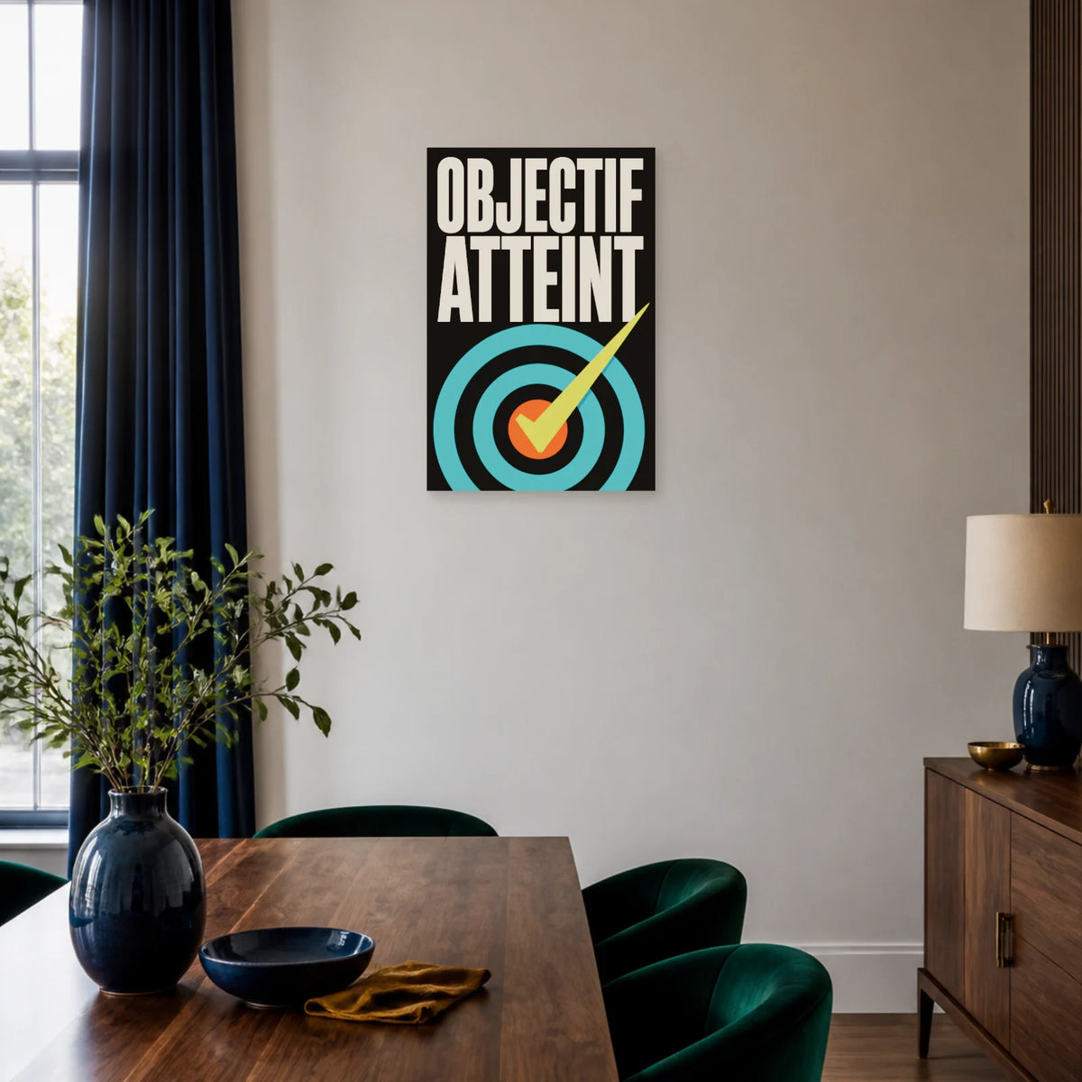 Affiche Objectif atteint – Cible cochée dans une salle à manger - Art Virtuoso