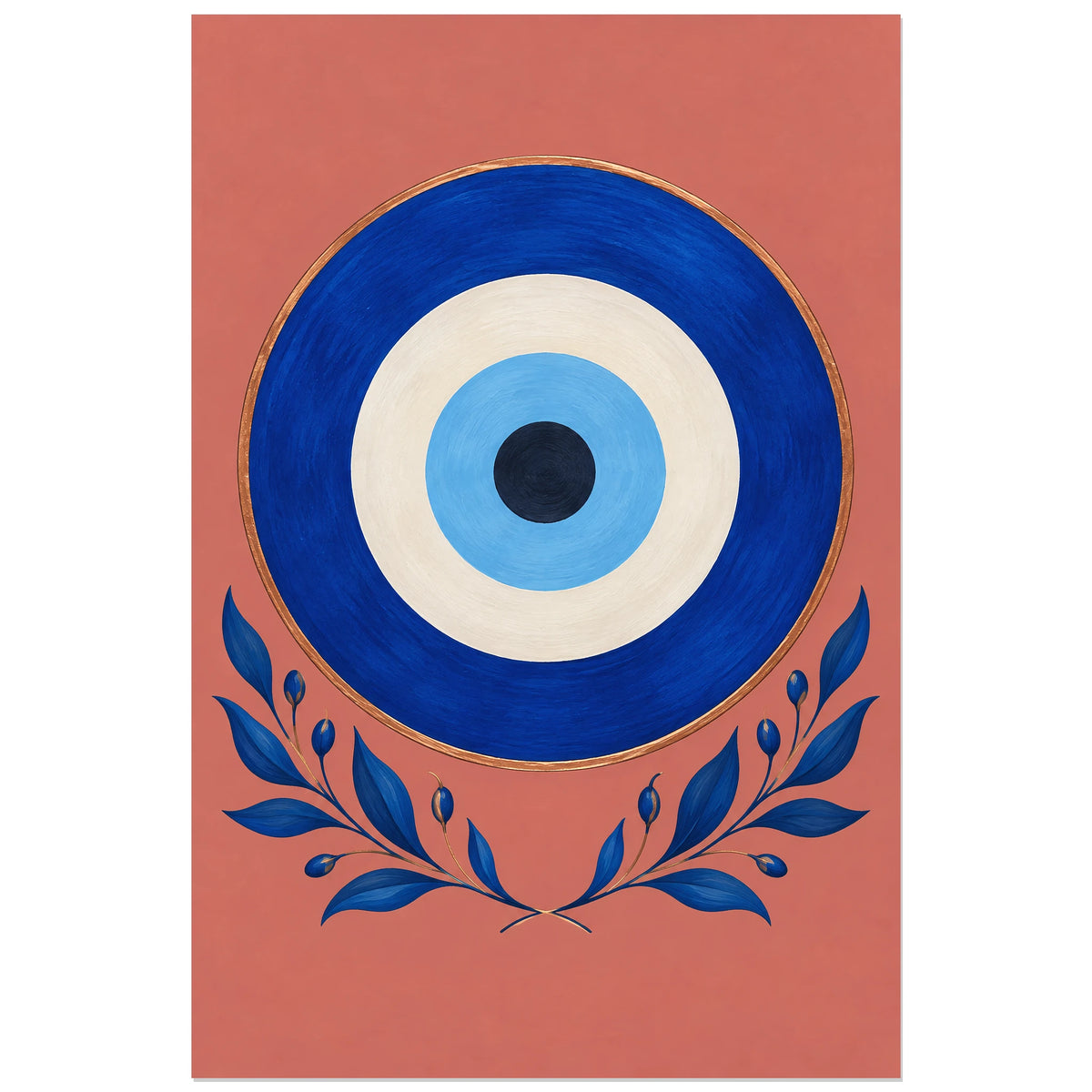 Œil grec cobalt sur fond rose terracotta, affiche 30 × 45 cm