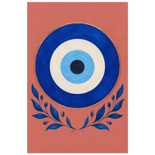 Œil grec cobalt sur fond rose terracotta, affiche 30 × 45 cm