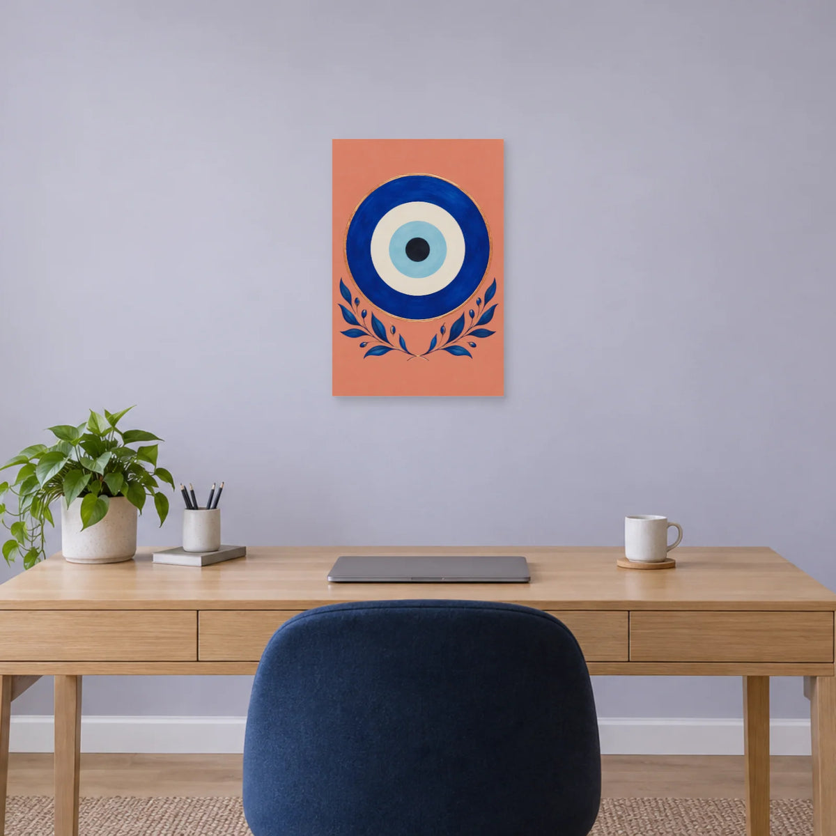 Affiche Œil grec - Cercles de cobalt dans un bureau - Art Virtuoso