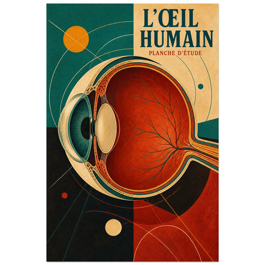 Affiche L'Œil Humain – Planche d'Étude, planche scolaire anatomique vintage aux formes modernistes verticale, format 30 × 45 cm