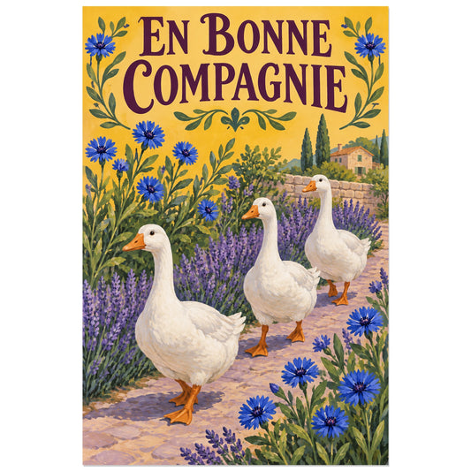 Affiche Oies – En bonne compagnie, gouache figurative / affiche vintage verticale, format 30 × 45 cm