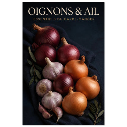 Affiche Oignons & Ail – Essentiels du Garde-Manger, illustration éditoriale verticale, format 40 × 60 cm