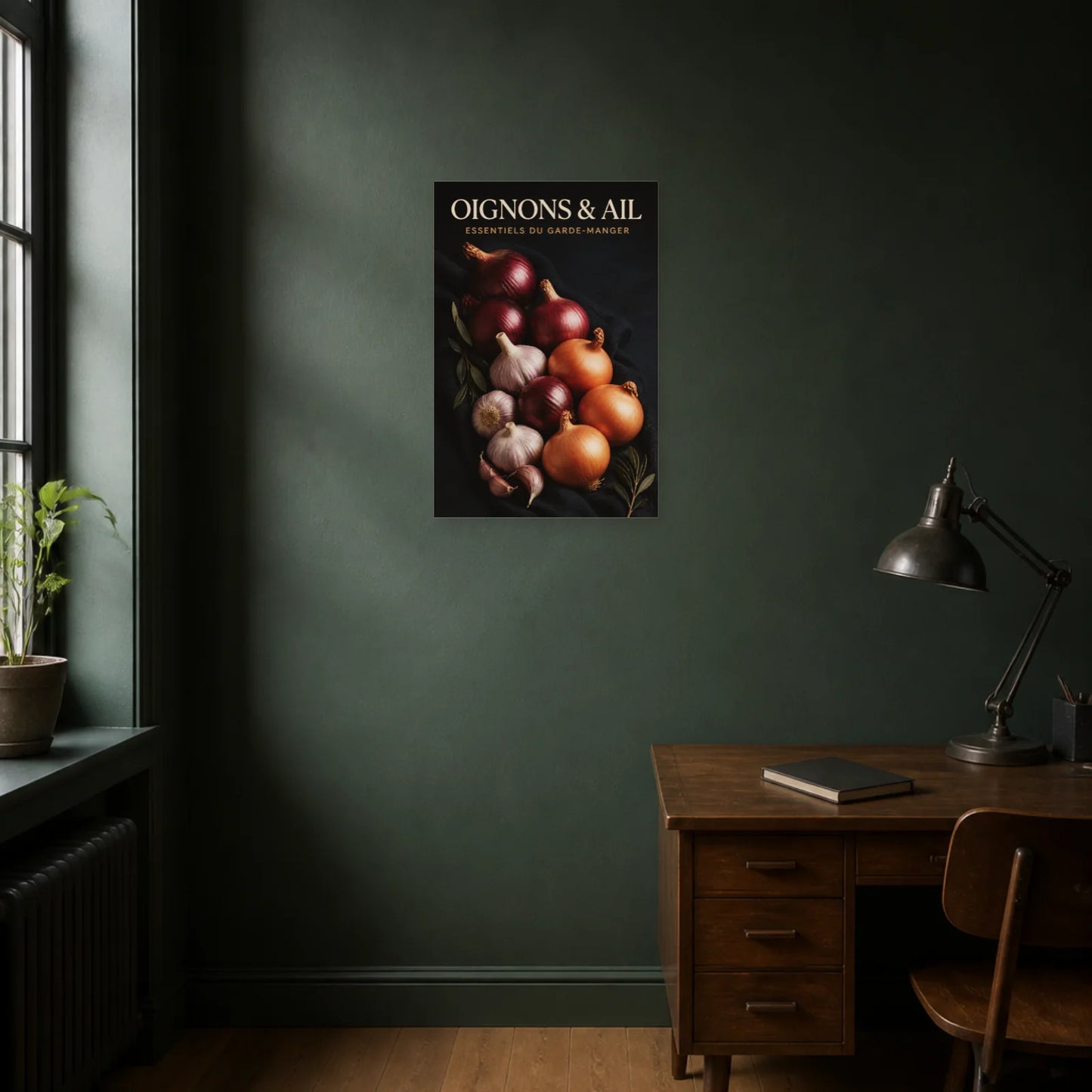 Affiche Oignons & Ail – Essentiels du Garde-Manger dans un bureau - Art Virtuoso